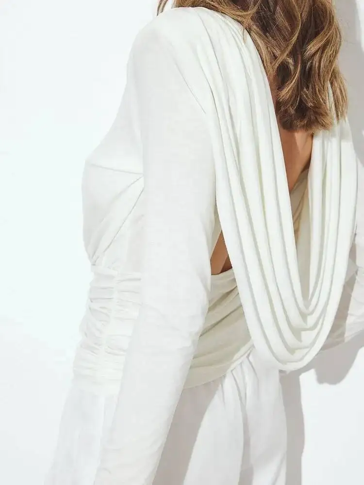 Blifanbo Long Sleeve Slim Fit Ruched T-Shirt Top Women Autumn Winter Fashion Sexy Backless Tight T-shirt Top Female Streetwear