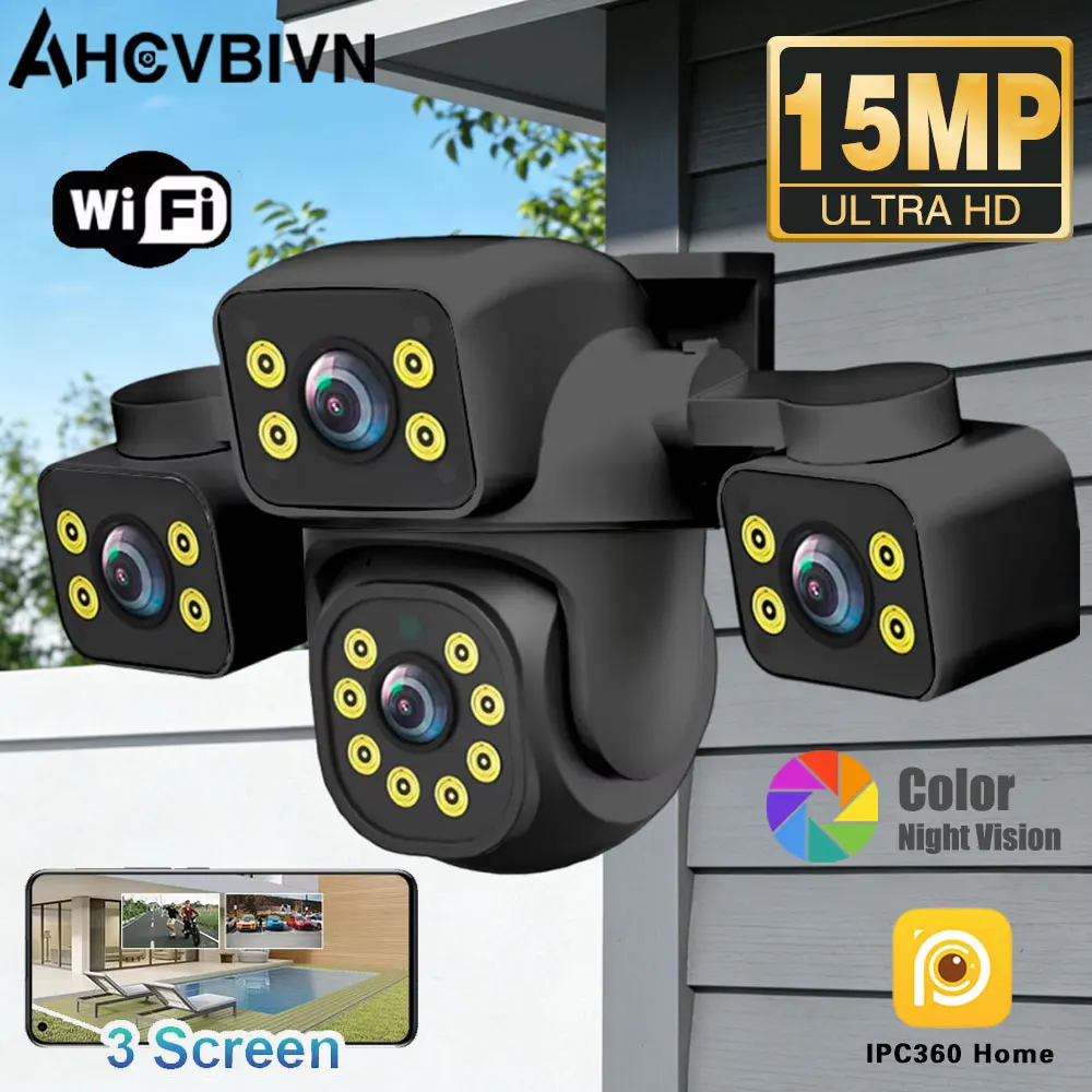 

15MP WiFi Camera Outdoor Security Camera Three Screen Triple-lens PTZ 360° Security Protection CCTV Surveillance Cam IPC360 Home