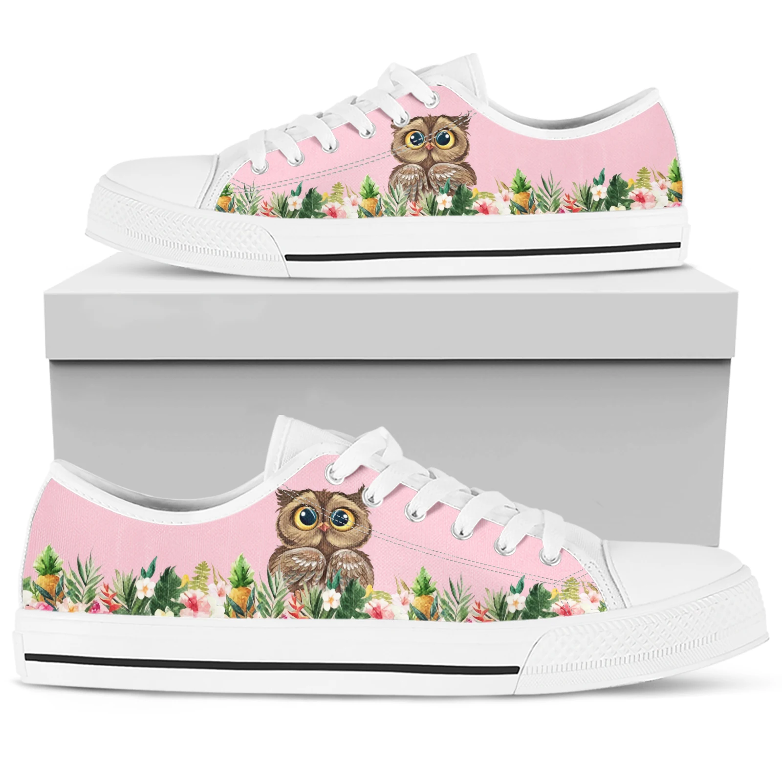 ELVISWORDS – chaussures en toile de dessin animé hibou, baskets de marque, roses, animaux de dessin animé, chaussures légères à lacets, chaussures plates