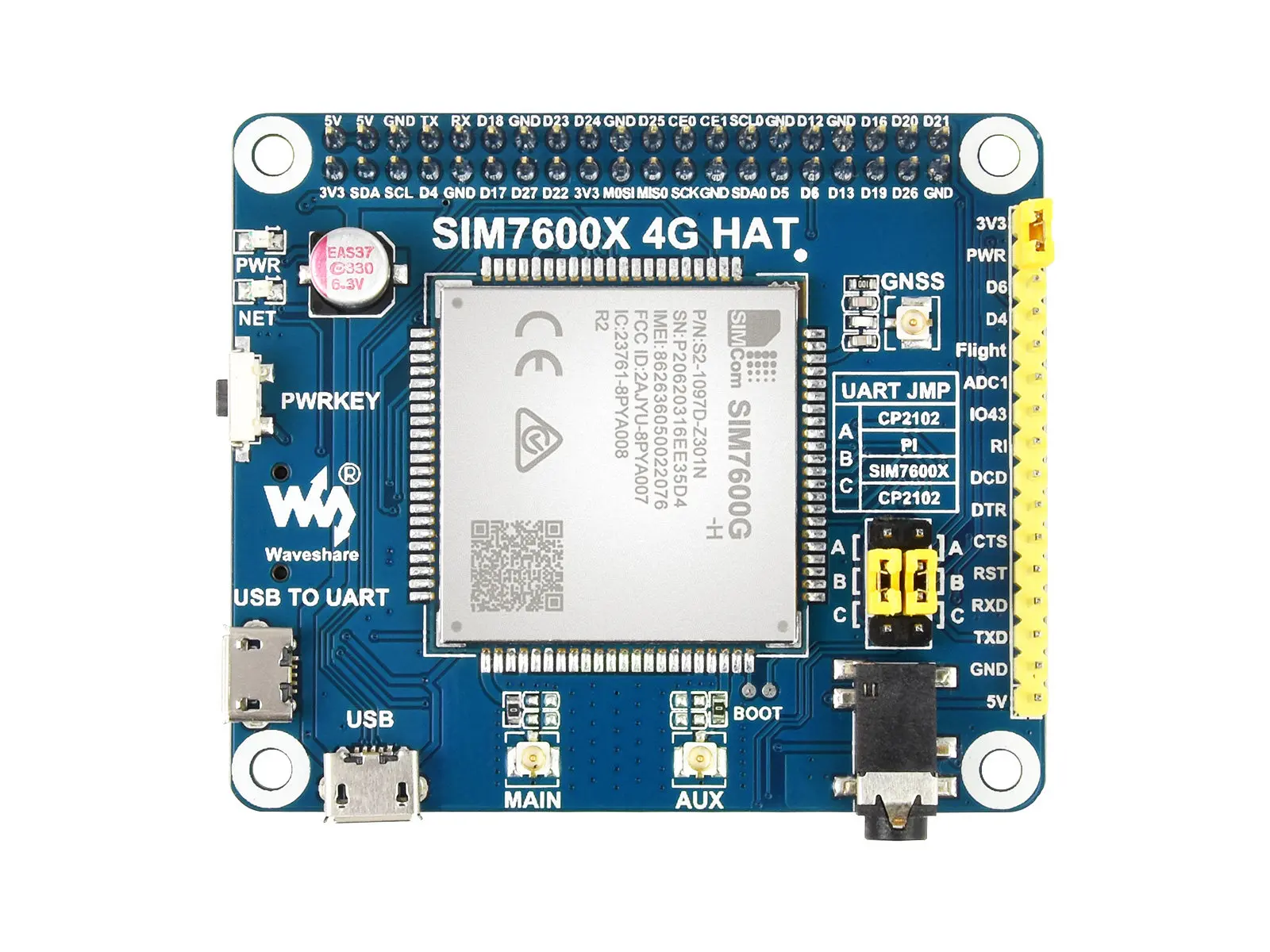 SIM7600G-H/CE 4G GNSS Expansion Board for Raspberry Pi, Global Band LTE CAT4, 3G 2G Compatible IoT Module