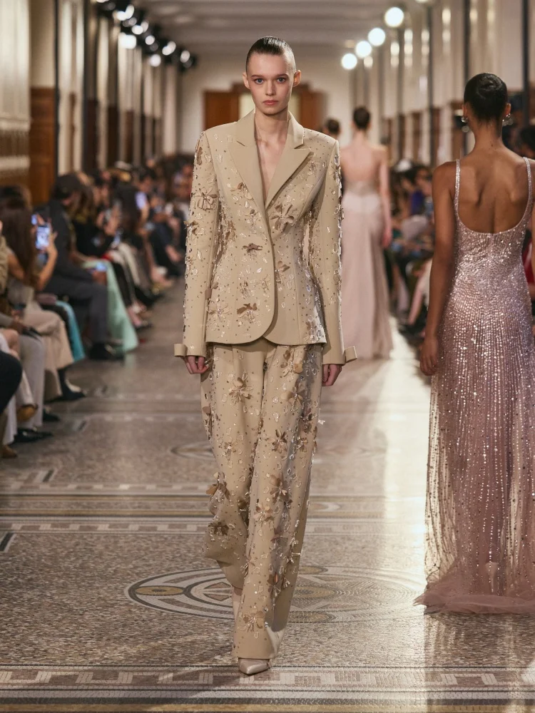 VC Luxury Beige 3D Floral Sequin Pantsuit Women's Tailored Blazer & Wide Leg Trousers Formal Evening Suit Plus Size Available