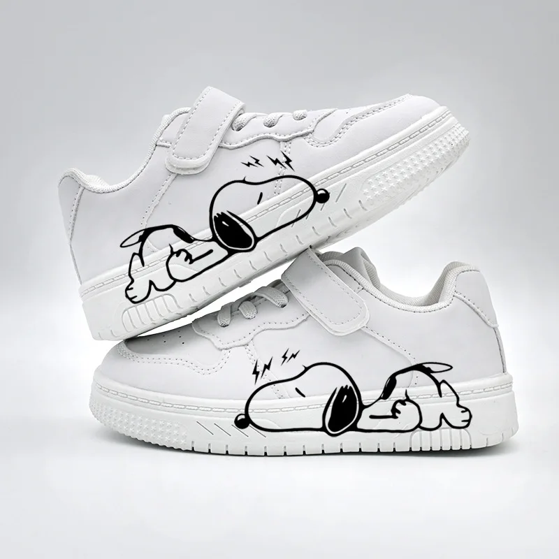Cute Snoopy Print Children White Skate Sneakers Magic Strap Closure Breathable Upper Thick Sole Lightweight Casual Walking Shoes