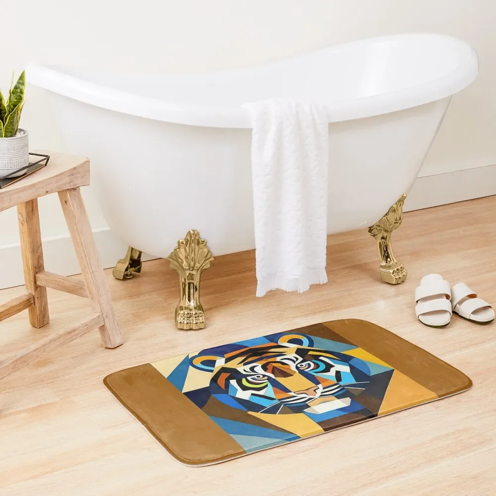 The tiger's face multi color is drawn from many geometric shapes.Colorful tiger head. Bath Mat Bathroom Floors Mat