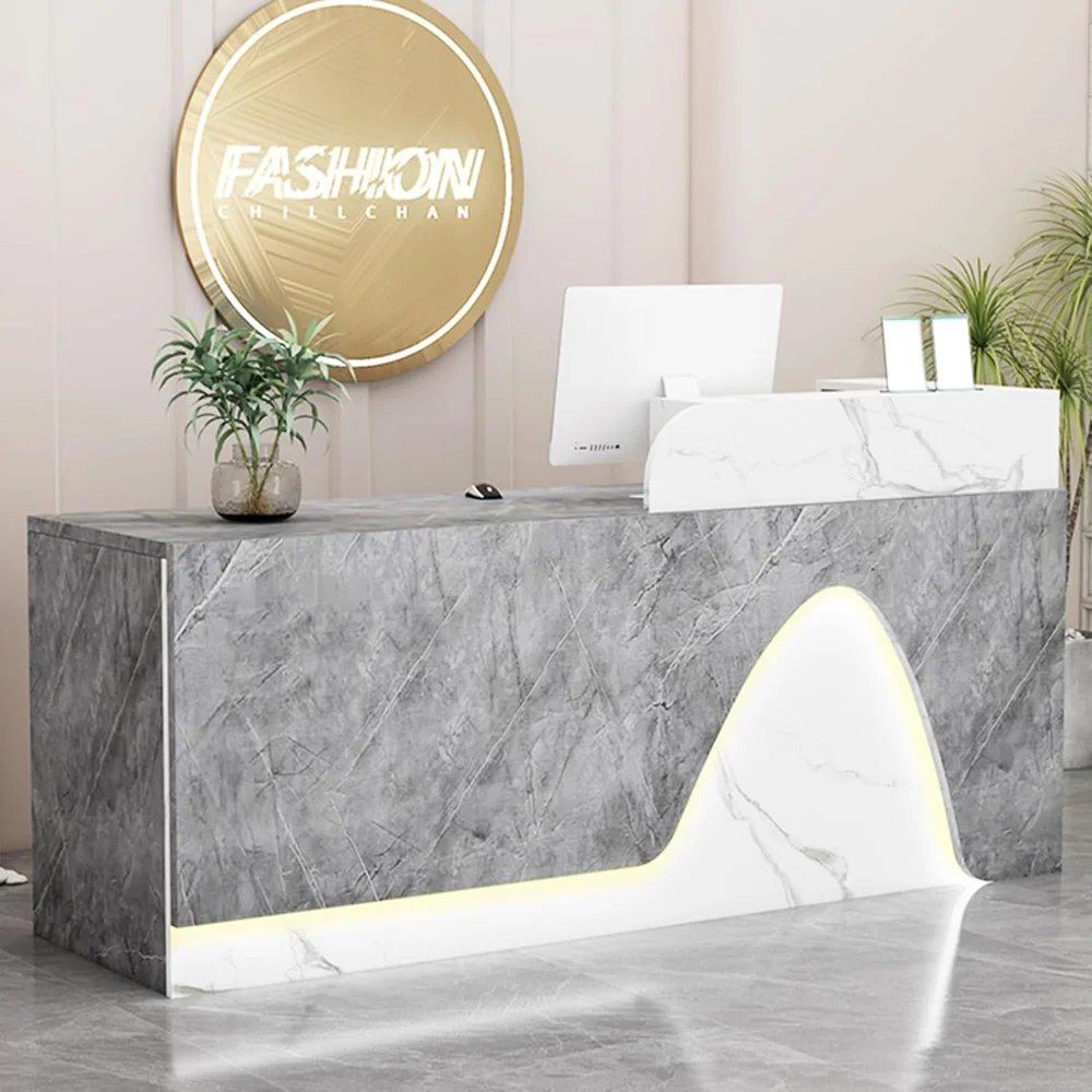 

Reception Desk with Counter, Solid Wood Front Desk with Drawer & Cabinet & LED Strip