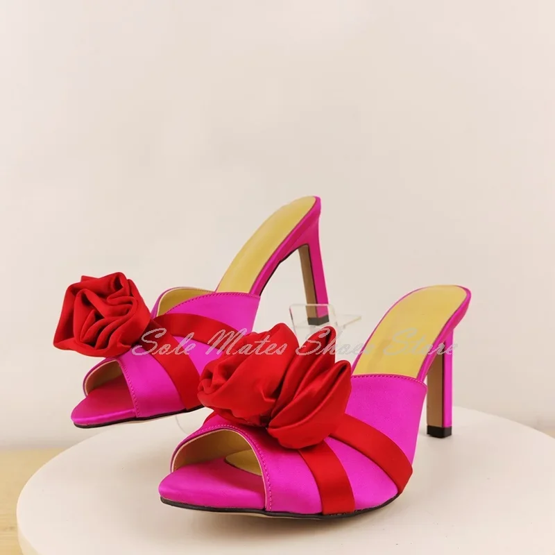

2025 Summer Women's Fashion Red Fabric Flower Open Toe Pumps Pink Stiletto High Heel Satin Platform Slip On Slippers Comfort