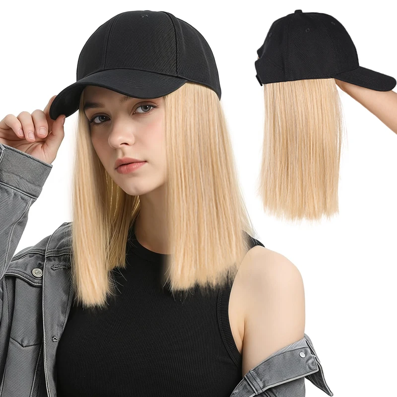 Casquette de baseball ajustable avec perruque, extensions de cheveux synthétiques noirs lisses de 10 pouces, perruque-chapeau tendance pour femme, usage quotidien en extérieur