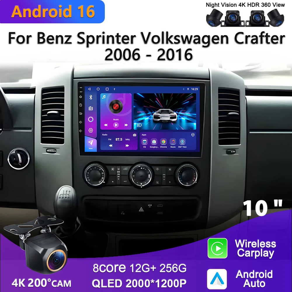 Android 16 2K Incell Screen Auto For Mercedes Benz Sprinter Volkswagen Crafter 2006 - 2016 GPS Carplay Navigation DVD Multimedia