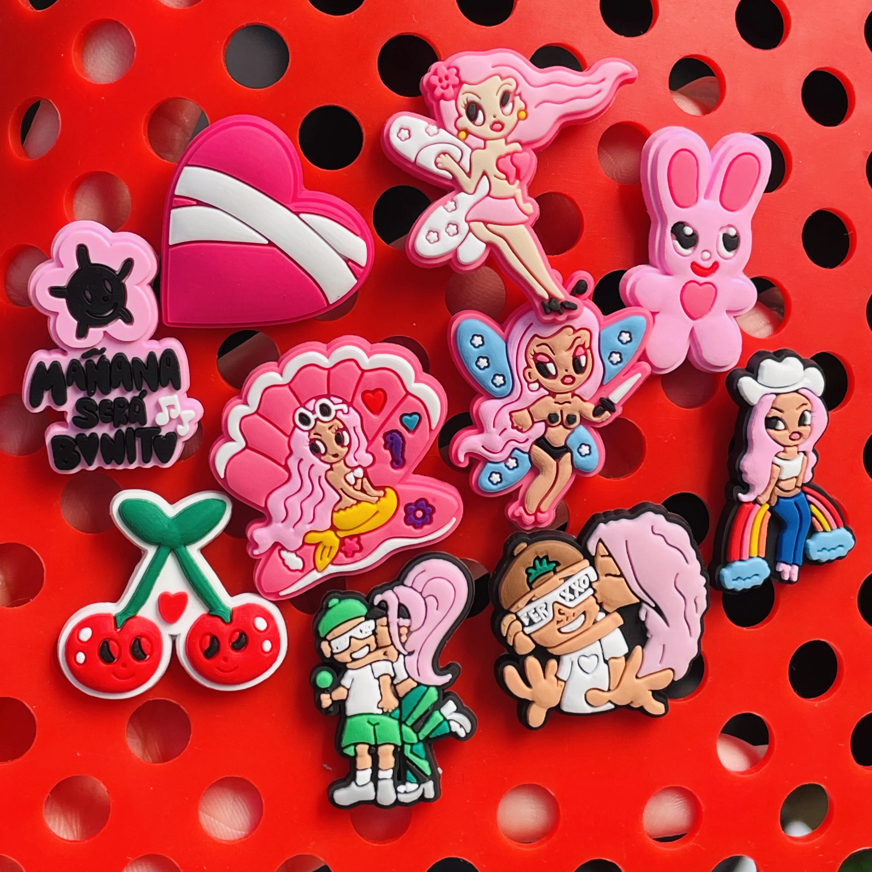 New Arrival 1-10pcs PVC Cartoon Woman Singer Cherry Heart Shoe Charms Buckle Clog Fit Wristbands Backpack Decoration Teens Gift