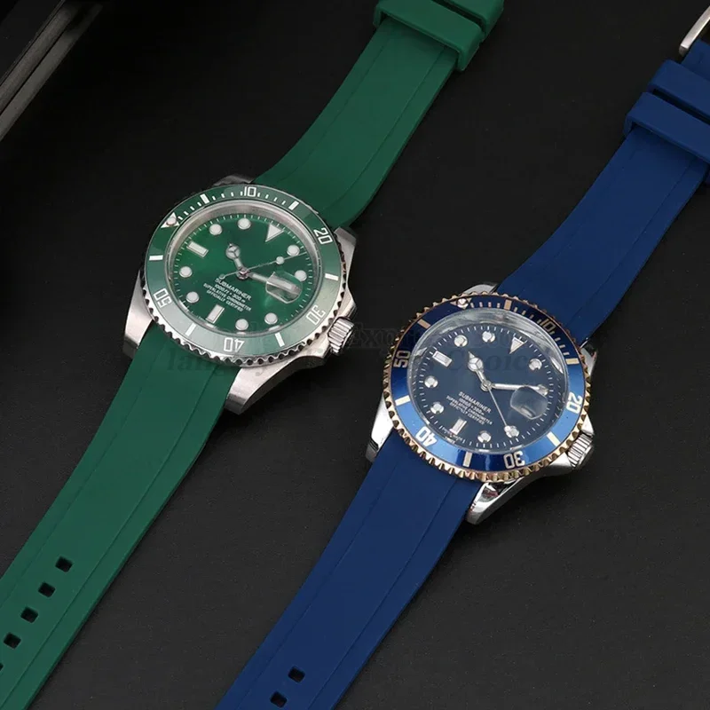 Correa de reloj de goma suave con extremo curvado de 20mm y 22mm para Seiko para Rolex Green Water Ghost, pulsera de silicona para reloj, banda deportiva para hombre