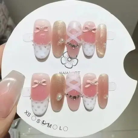 

10PCS Sweet Pink Medium Oval Handmade Press on Nail with Bowknot Pearl Glitter Golden French Fake Nail Acrylic Wearable Manicure