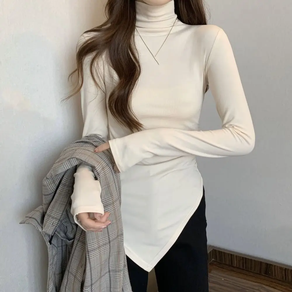 

Irregular Long Sleeve T-shirt Half High Collar Chic Slim Thin Pullover Bottoming Shirt Undershirt Crop Top Women Y2k Autumn