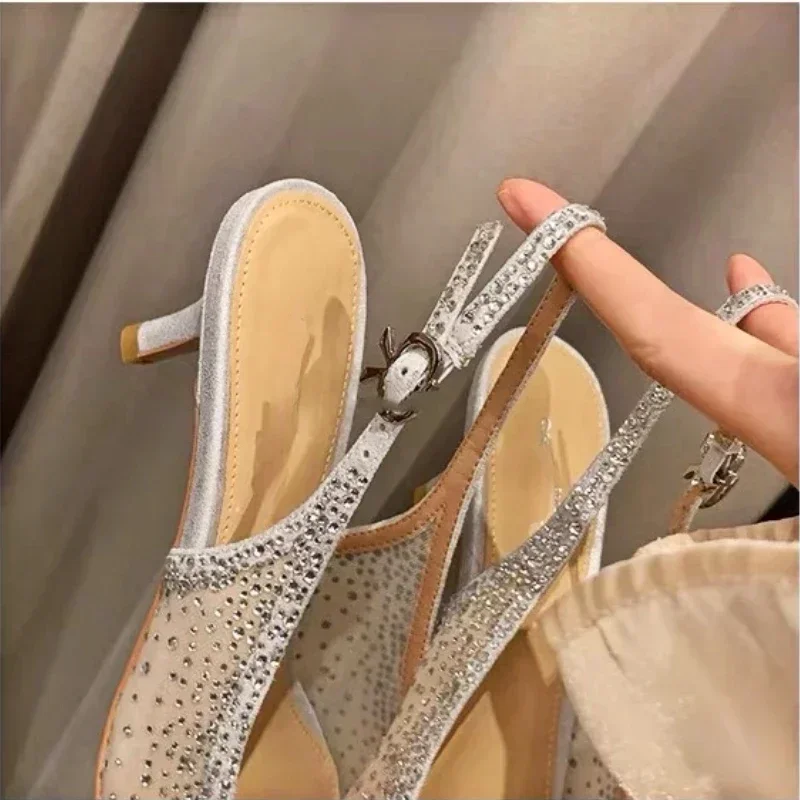 مثير Slingback شبكة الراين تصميم النساء الكعوب الصنادل الكاحل Stapes أشار تو فارغة الظهر عالية الكعب فستان الحواف الأحذية