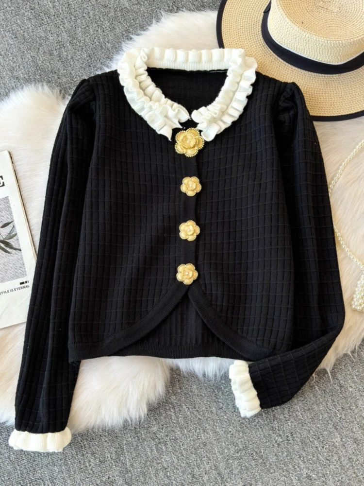 

Легкий роскошный однобортный вязаный кардиган, осенний новый элегантный женский мягкий короткий свитер с 3D цветочным принтом и длинными рукавами, пальто