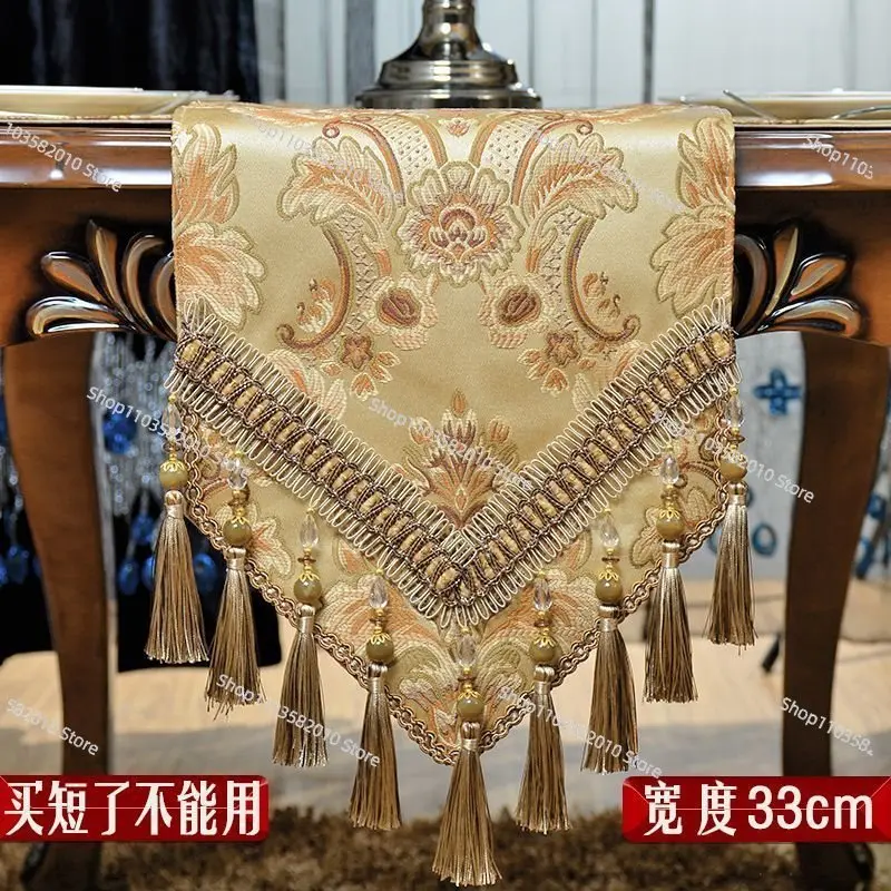 

Luxury Satin Jacquard Tablecloth with Bead Tassels, Anti-Slip Dining Table Cloth Cover, Elegant Home TV Cabinet Decor Runner