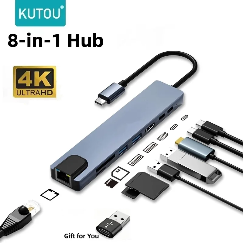 KUTOU USB C 8 в 1 концентратор типа C разветвитель 100 Вт док-станция для быстрой зарядки адаптер для ноутбука Macbook Air M1 iPad Pro RJ45 HDMI
