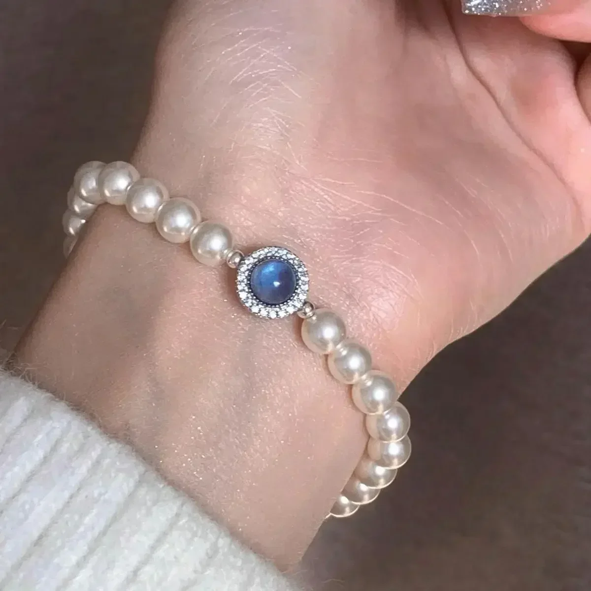 Pearl Bracelet Fashion Blue Gem Pearl Bracelet for Women's Light Luxury and Minority Retro Bracelet Birthday Gift