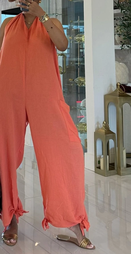 Women's Fashion Bodysuit 2025 Spring Summer Latest Halter Sleeveless Cuffed Lace Up Backless Jumpsuit Casual Pocket Romper