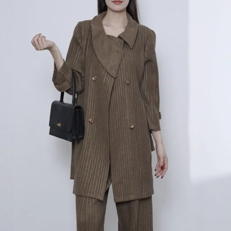 YFPF automne hiver laine plissée veste femmes mode couleur unie revers bouton ceinture froncé taille manteau décontracté nouveaux vêtements