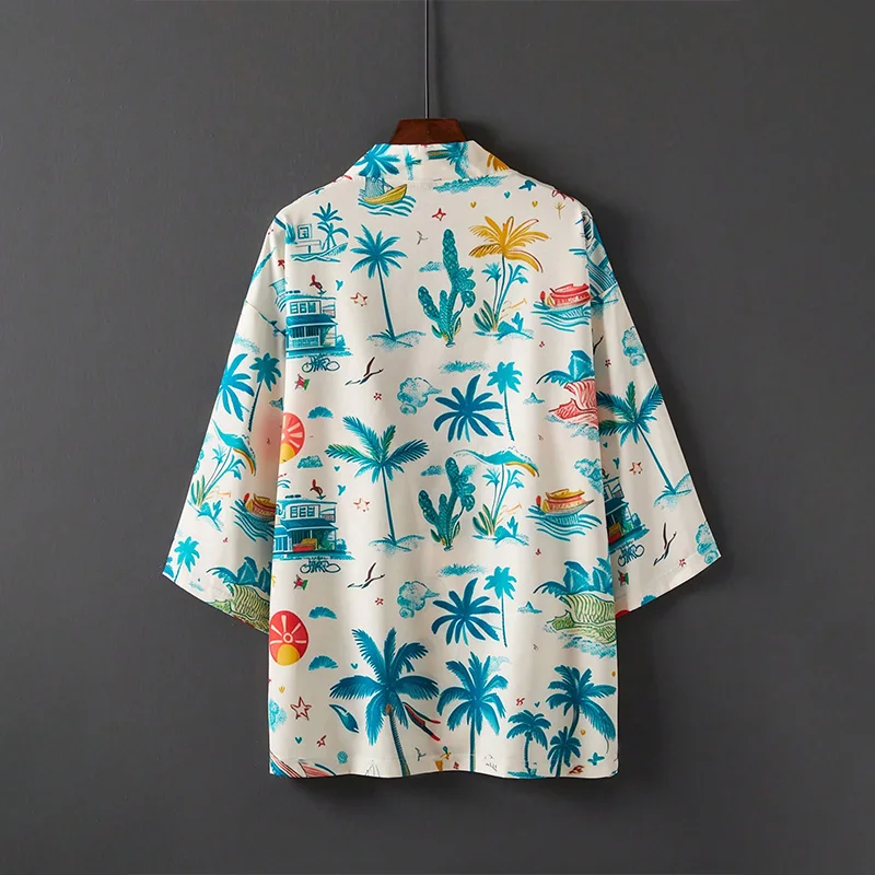 

Japanese-Style Retro Loose Hawaiian Beach Print Couple Kimono Cardigan Plus Size Vacation Style Swimsuit Cover-Up One-Piece Cover-Up