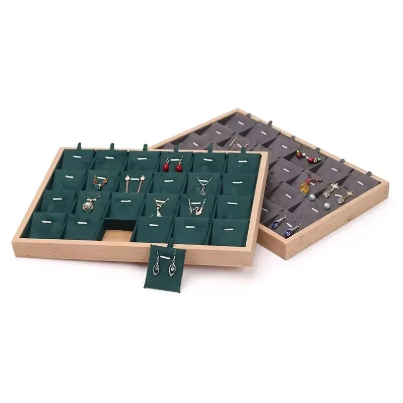 24Grids Bamboo Jewelry Pendant Tray Necklace Storage Jewelry Organizer Tray Holder Showcase For Drawer