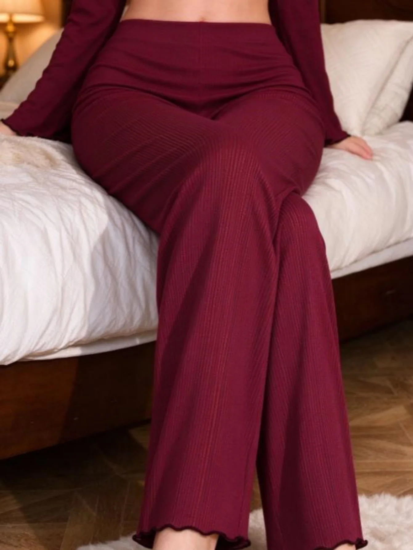 High Waist Ribbed Knit Wide Leg Pants, Wavy Hem Sleep Loungewear Trousers for Women