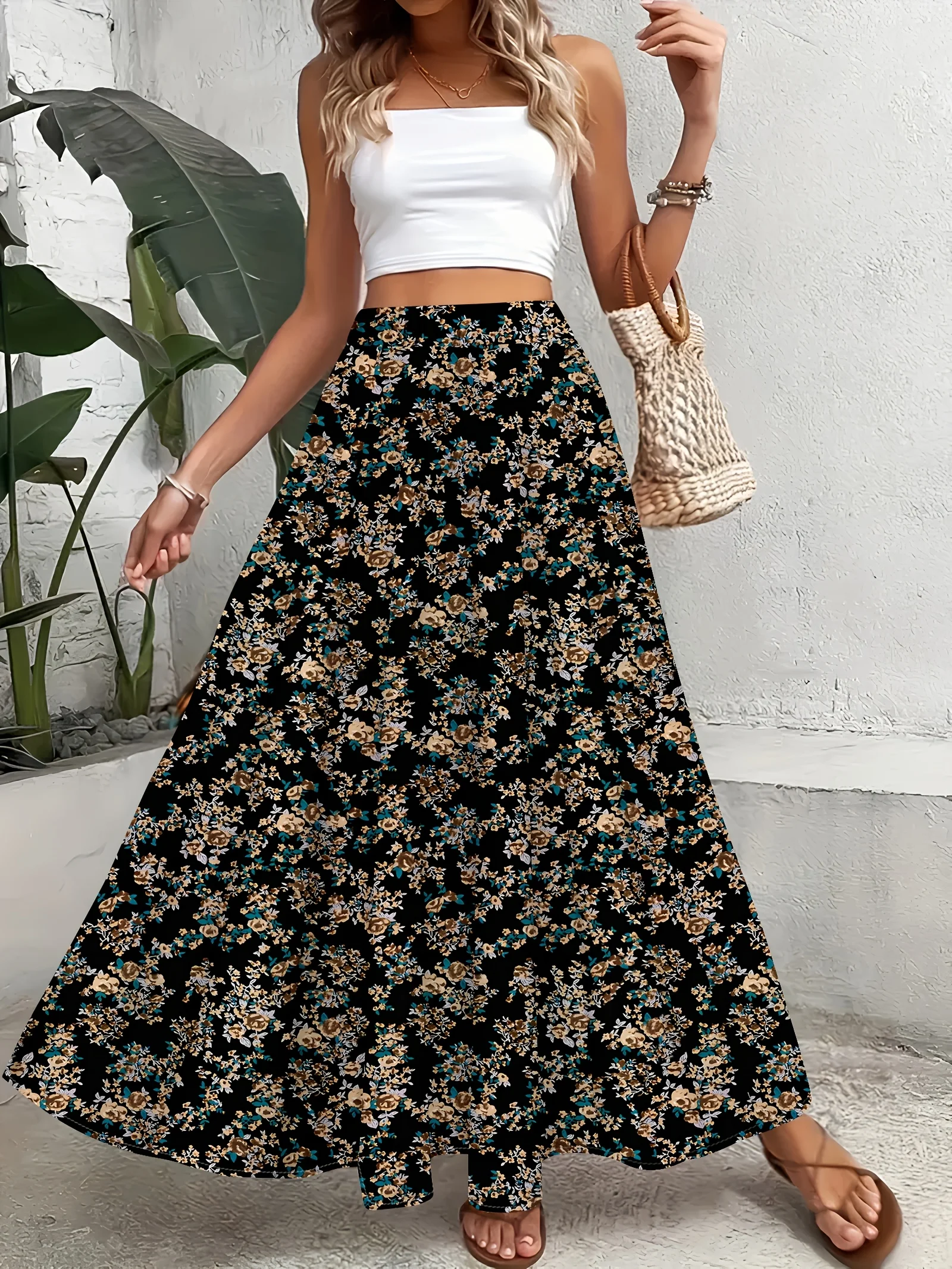 Women Summer Midi Skirt Floral Print Vacation Skirt High Waist A Line Skirt Casual Office Wear Elastic Waist Skirt for Women