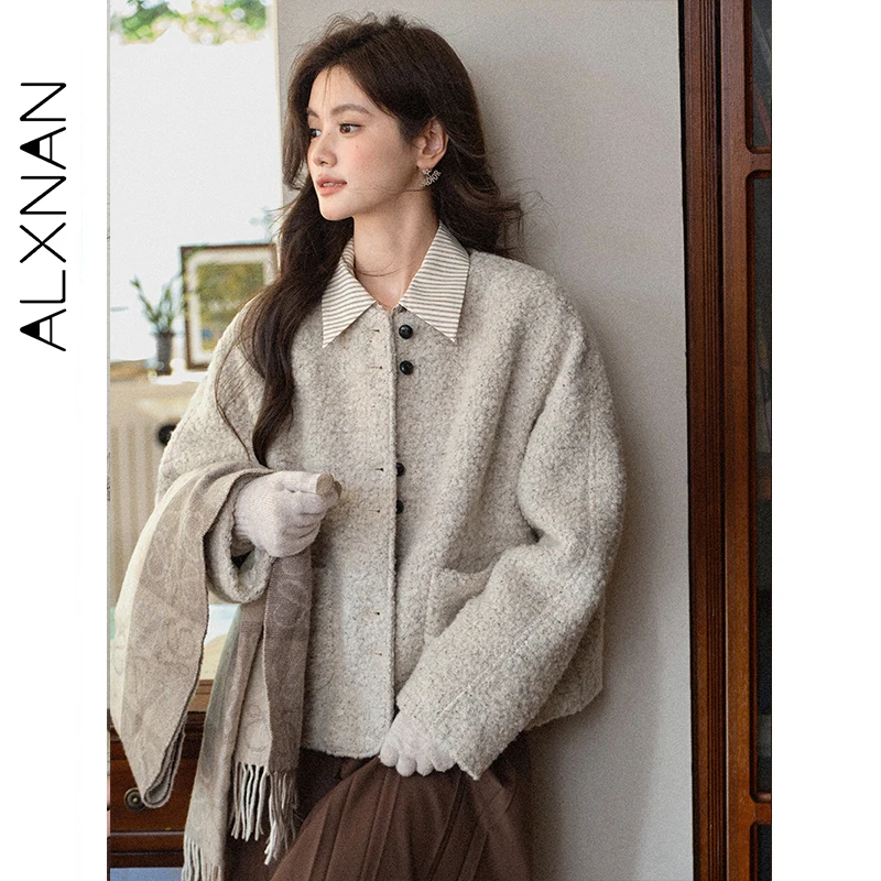 

ALXNAN шерстяное пальто бежевого цвета с передним карманом на пуговицах осень-зима женское пальто новая универсальная теплая женская короткая куртка L57933
