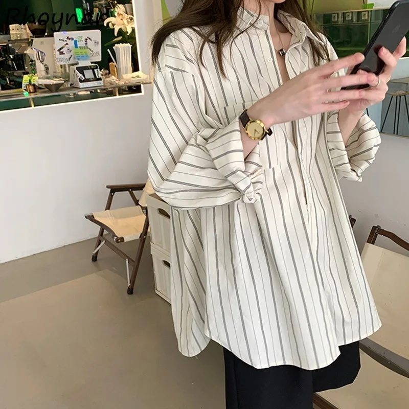 

Striped Shirts Women Spring Students Retro Basic Turn-down Collar Classic Long Sleeve Baggy Cozy Korean Style Streetwear Daily