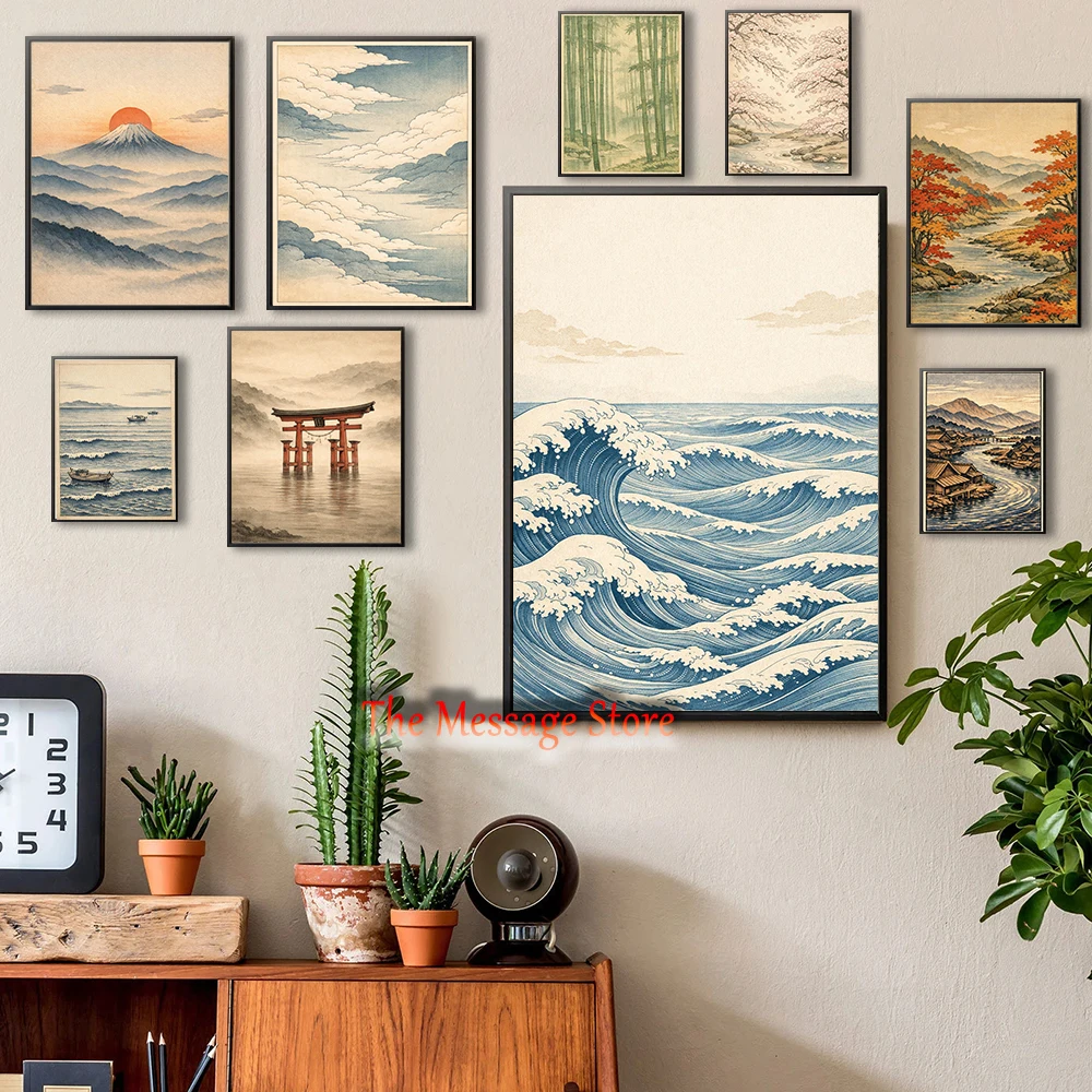 Japanese Ukiyo-e Inspired Landscape Fine Art Autumn Clouds Sakura Fuji Wave Japandi Poster Canvas Painting Wall Pictures Decor