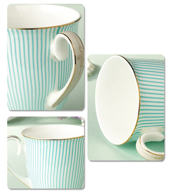 Elegant Tea cups British Purified Ceramic Cups Bone China Blue Stripes Coffee cup Golden Pattern Fashion Unique Design Goblet