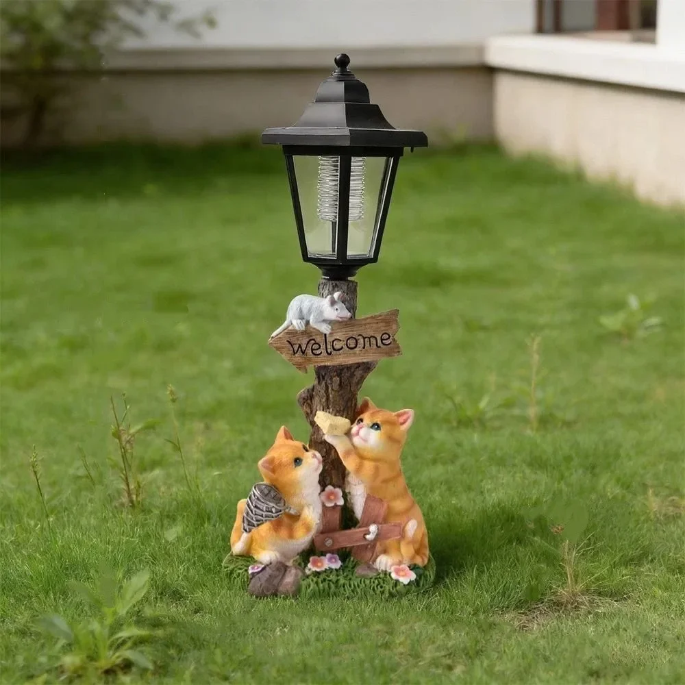 Dual-Use Flowerpot Solar Cat Statue Solid Material Warm LED Light Garden Sculpture Lamp Weather Resistant Hand-Painted Resin