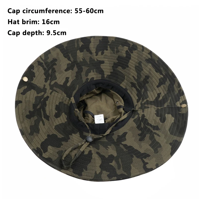 100% Cotton Camouflage Bucket Hat 16CM Large Wide Brim Sun Hat Camping Hiking Mesh Breathable Anti UV Fishing Hats for Men Women