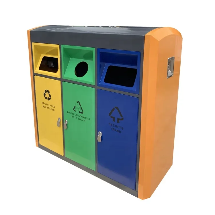 

High Quality Trash Cans 3 Compartment Waste Bins Stainless Steel Rolling Cover Recycle Bin