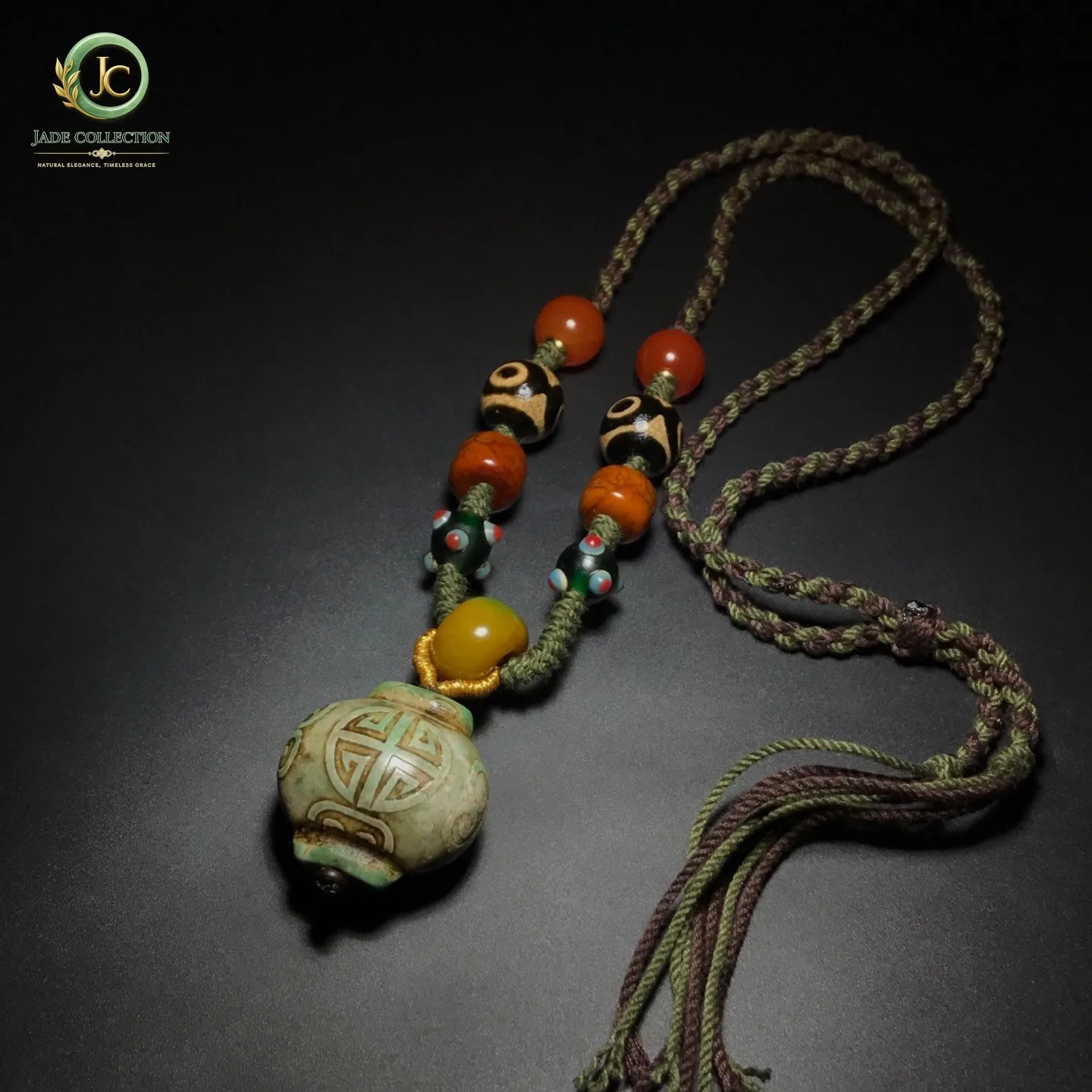 Collectible Old Tibetan Agate Dzi Carved Longevity&Fu Beads Necklace J0427