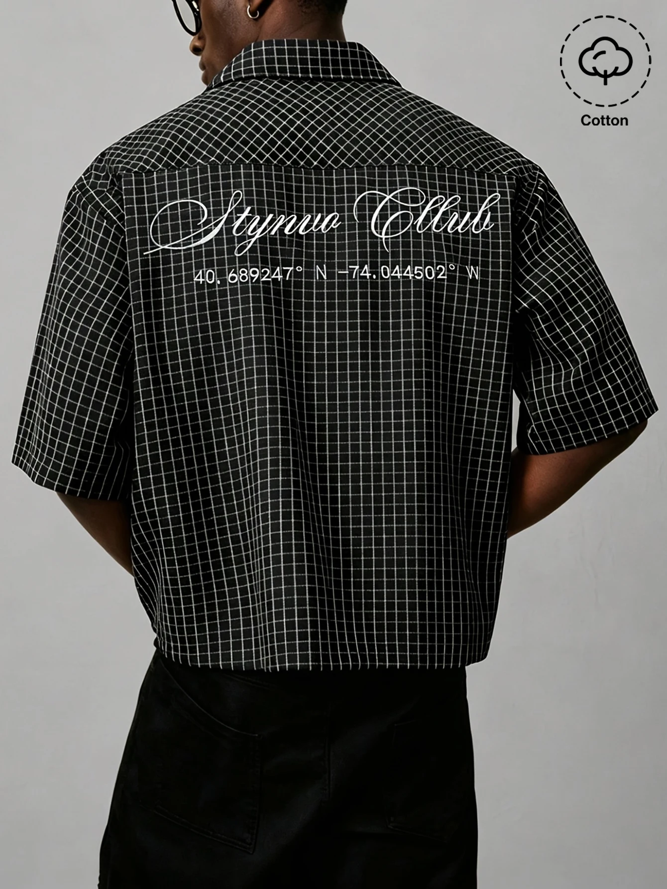 Men's Casual Streetwear Camp Collar Shirt Cotton Blend Grid Plaid Cursive Letter Print Loose Cropped Short Sleeve Top S‑2XL