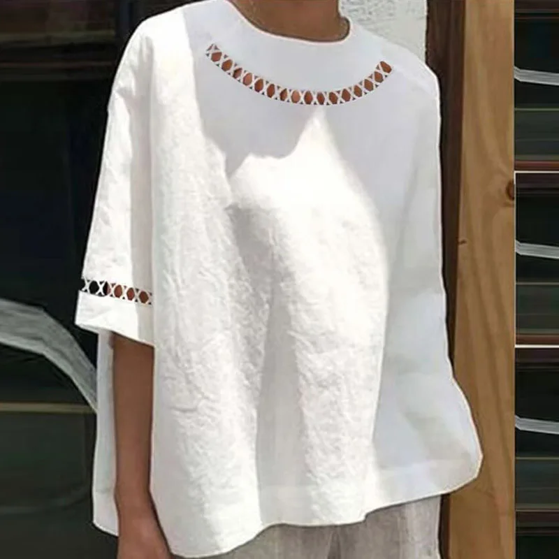 Retro Casual Cotton Lace Loose Blouse 2023 Summer Solid Color Summer Half Sleeve Beach Boho Tops Women Ruched Office Lady Shirts