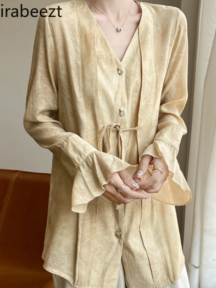 

Bell Sleeve Blouse UV Protection Neo-Chinese Style Summer Shirt Lightweight Silk Rayon Breathable Phanumeric Loose Top