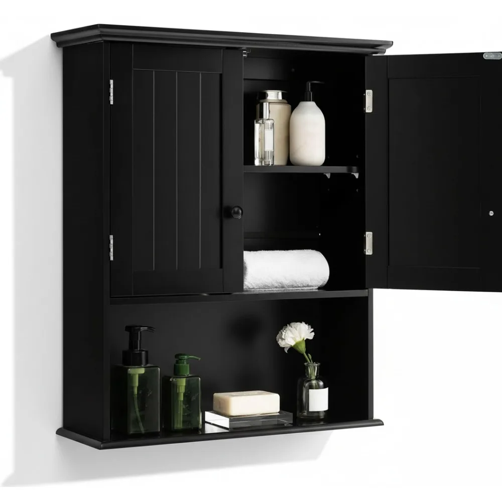 

Настенный шкаф для ванной комнаты над унитазом и регулируемой полкой, двойные двери, черный