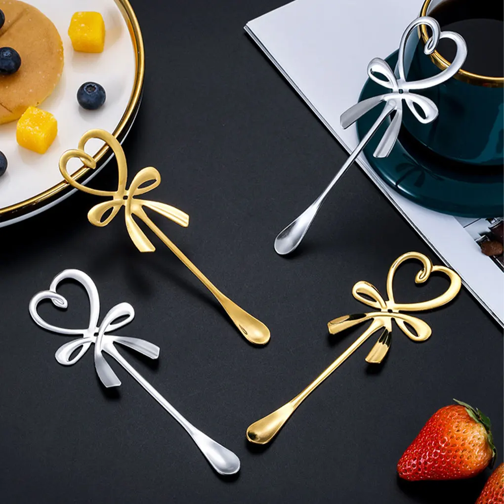 Coffee Lovers Essential Stainless Steel Spoon Easy To Clean Bow Knot Heart Shaped Mini Spoons Silver