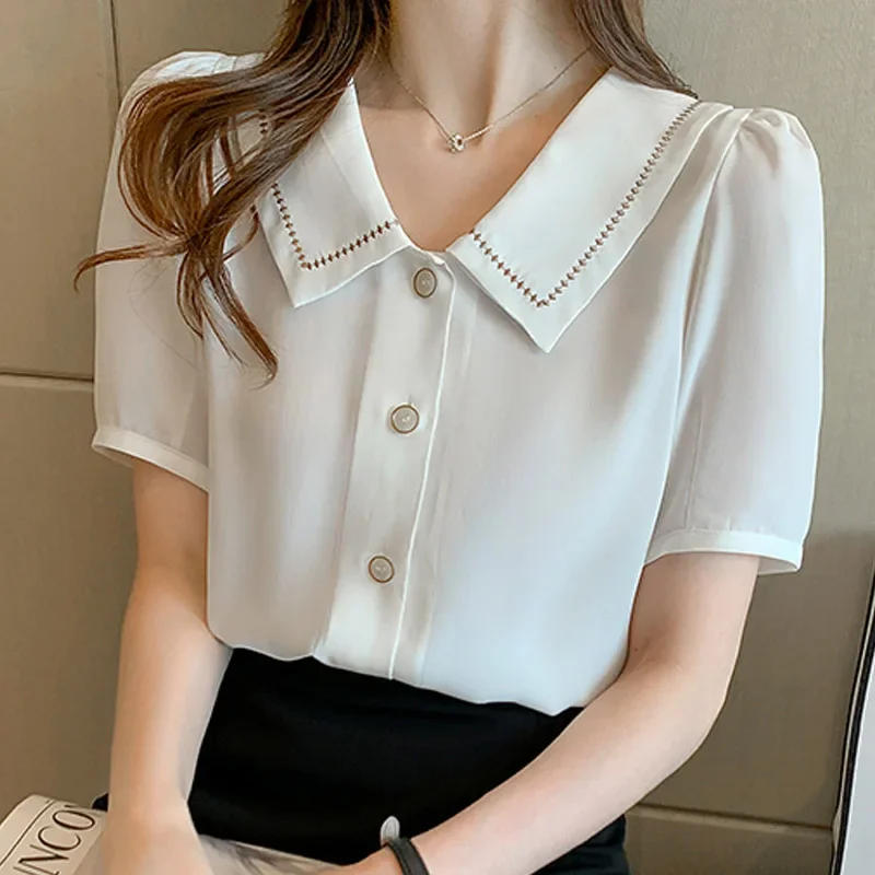 

2025 Summer Fashion Short Sleeve Doll Collar Women Shirt White Chiffon Elegant Shirt Blouse Women Tops Camisas De Mujer N640