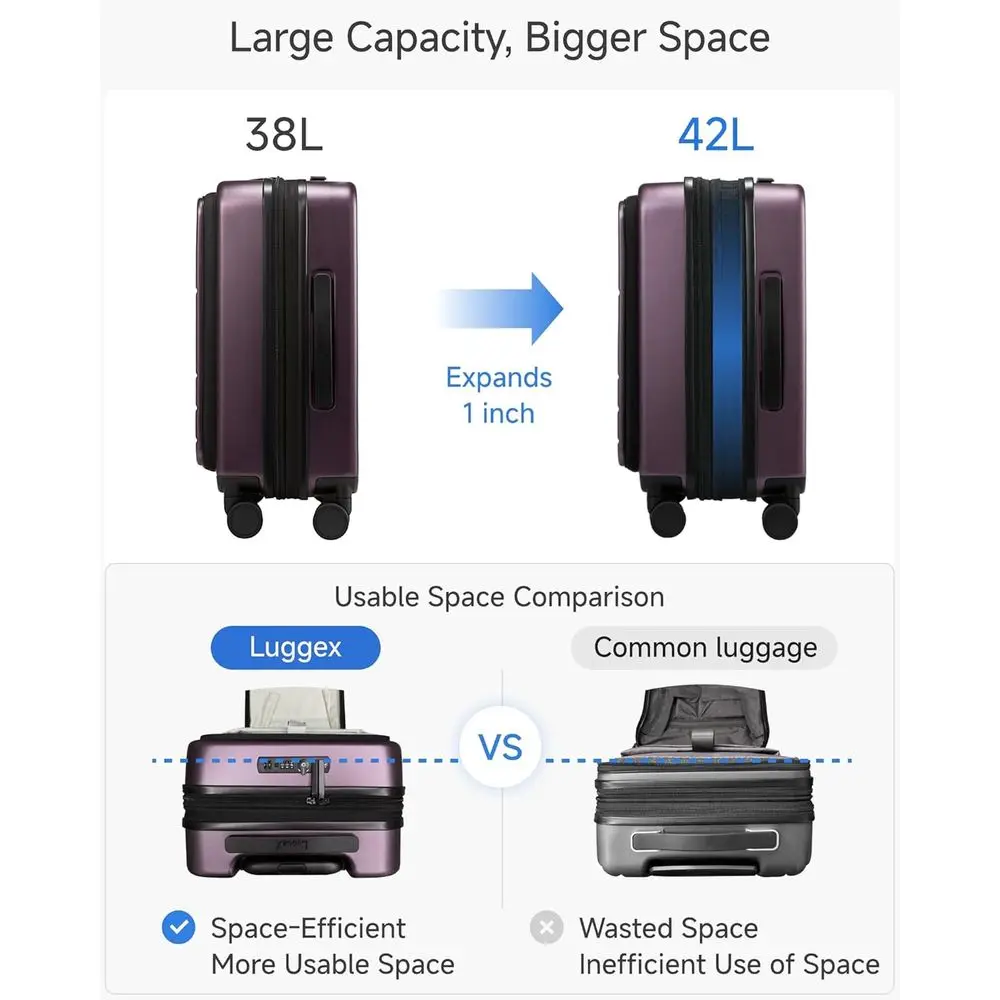 20 Inch Purple FLO5 Expandable Polycarbonate Carry-On Suitcase with Front Pocket, Airline Approved