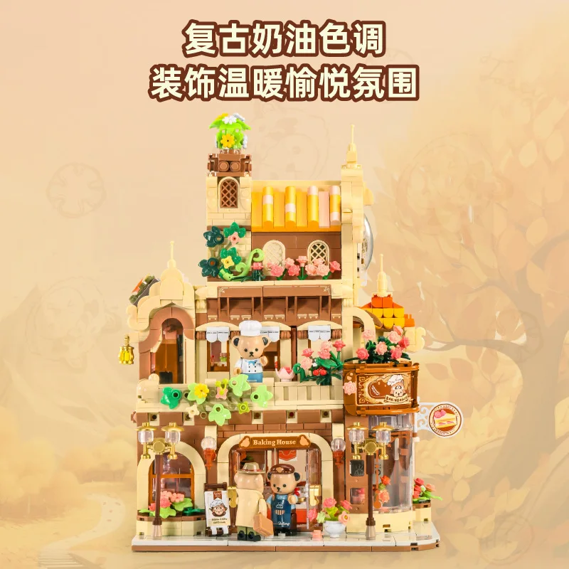 Genuino ciudad vista a la calle arquitectura pastel pan tienda bloque paisaje urbano casa para hornear modelo edificio oso regalos sorpresa de moda
