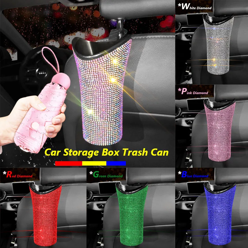 

Glitter Diamond Car Trash Garbage Can Umbrella Bucket With Hook Car Storage Box Bling Car Accessorie Round Hanging Car Trash Bin