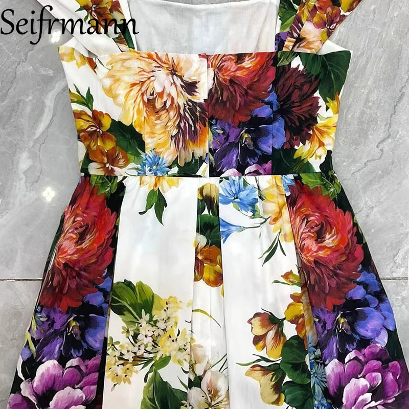 فستان Seifrmann كاجوال بنمط العطلة للنساء برقبة مربعة وحزام سباغيتي بدون ظهر فساتين قطنية مطبوعة بالزهور