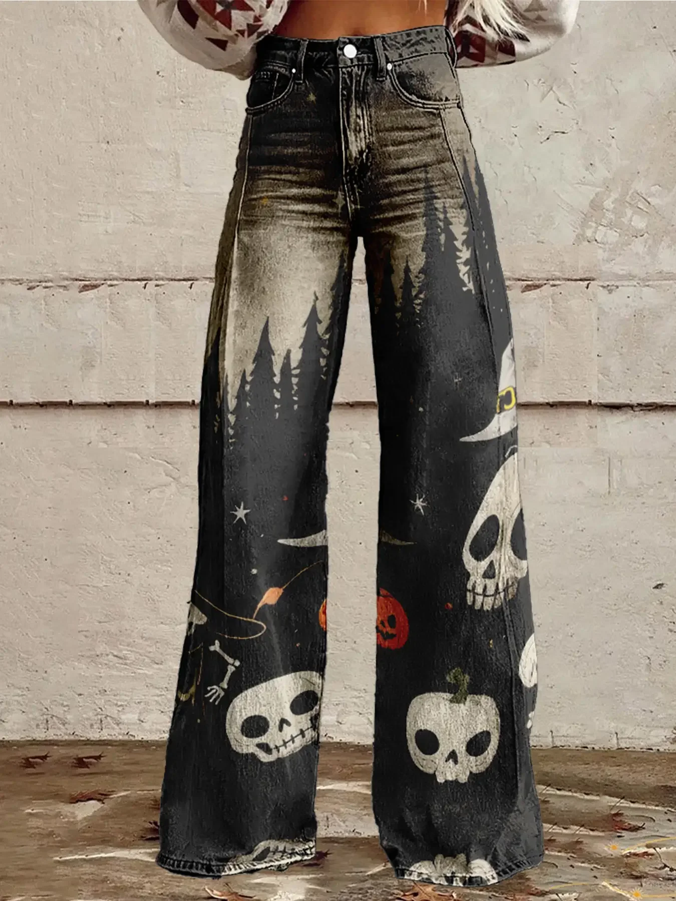 

2026 Ladies' retro printed casual wide leg pants, fashionable daily denim pants