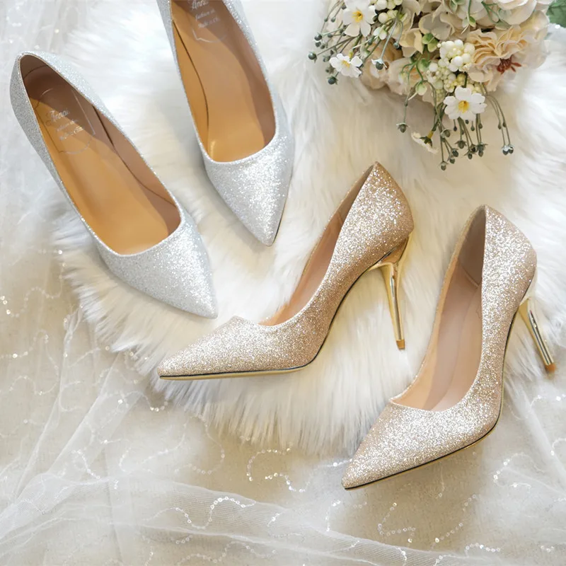 

2025 New High-heeled Stiletto Crystal Sequin Pointed Banquet Shoes Bridesmaid Women's Shoes
