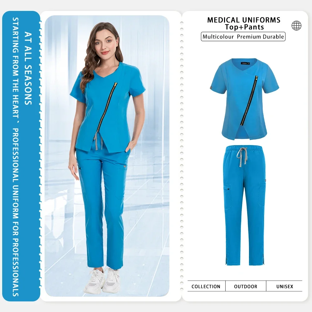 الراقية ملابس التجميل غرفة العمليات الدعك الطبية مجموعة طبيب الأسنان وزرة النساء ممرضة أعلى + السراويل مستشفى الصيدلة بدلة التمريض