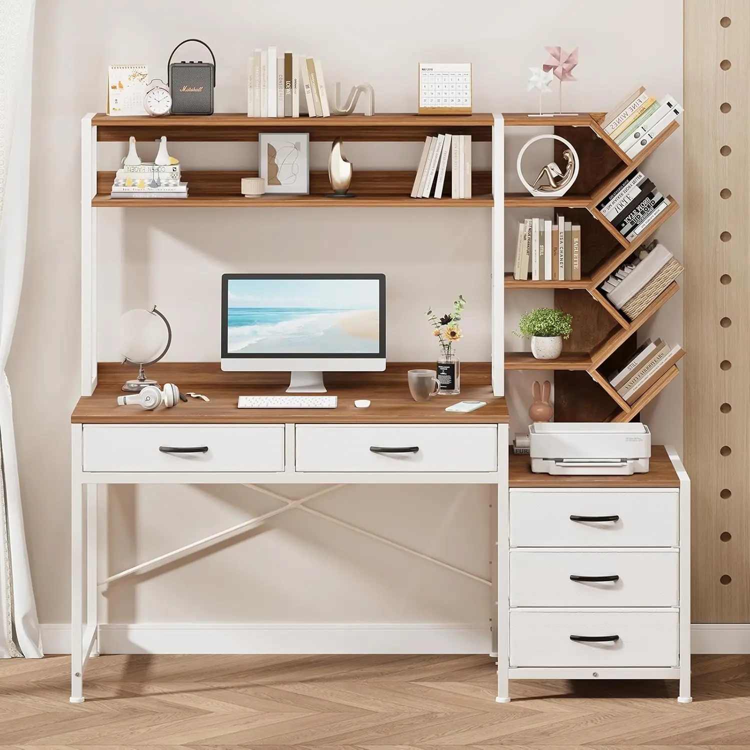 Reversible Computer Desk with Hutch 5 Drawers Bookshelf 52'' Storage Shelves Home Office Bedroom Brown White, Customized