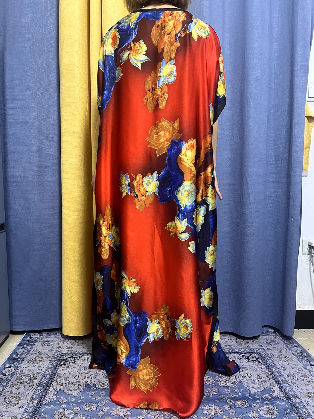 Abayas For Women 2023 Muslim Red Flower Silk Fabric Summer Loose Femme Robe African Islam Dresses Moroccan Caftan With Turban