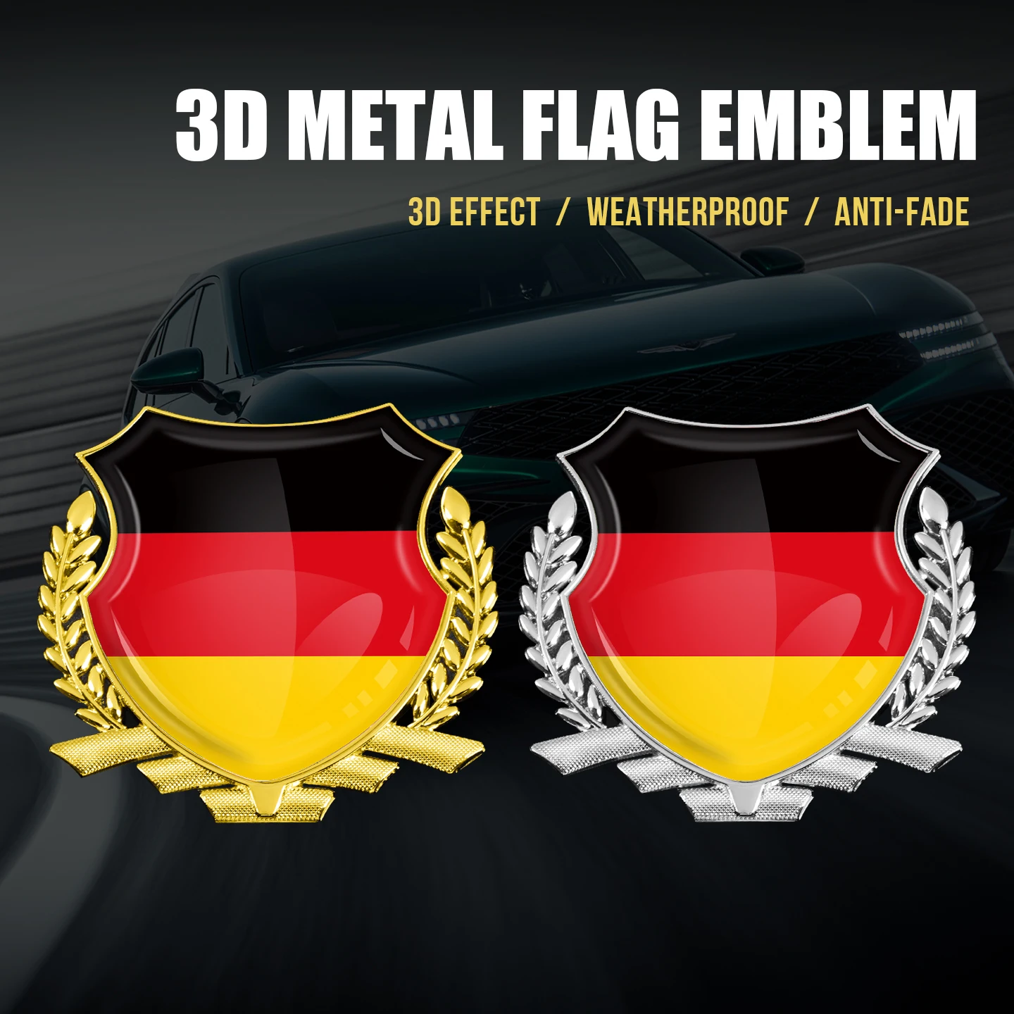 

3D Epoxy Germany Flag Car Sticker Gold Silver Metal Base Shield Emblem Badge German Decal For BMW Benz Audi VW Golf Passat